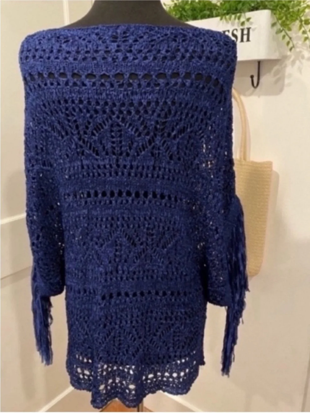 WHBM Fringed Open Weave Tunic in Navy Womens XS Wide Neckline Coastal Cowgirl